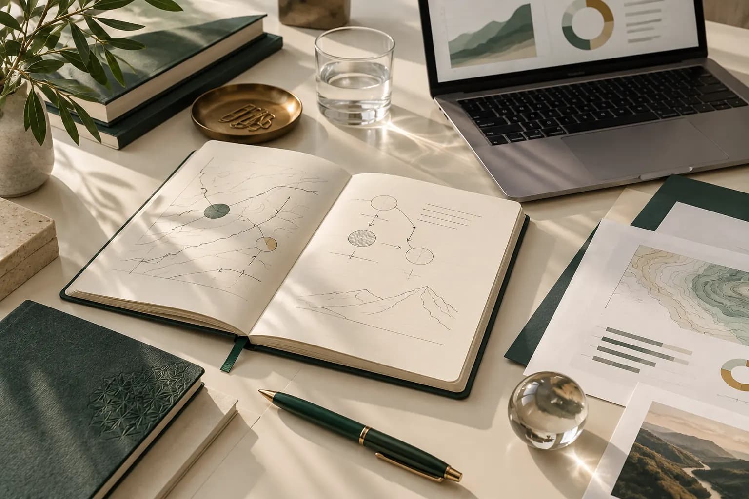 Un carnet ouvert sur des schémas de flux dessinés à la main, à côté de rapports et d'un ordinateur.