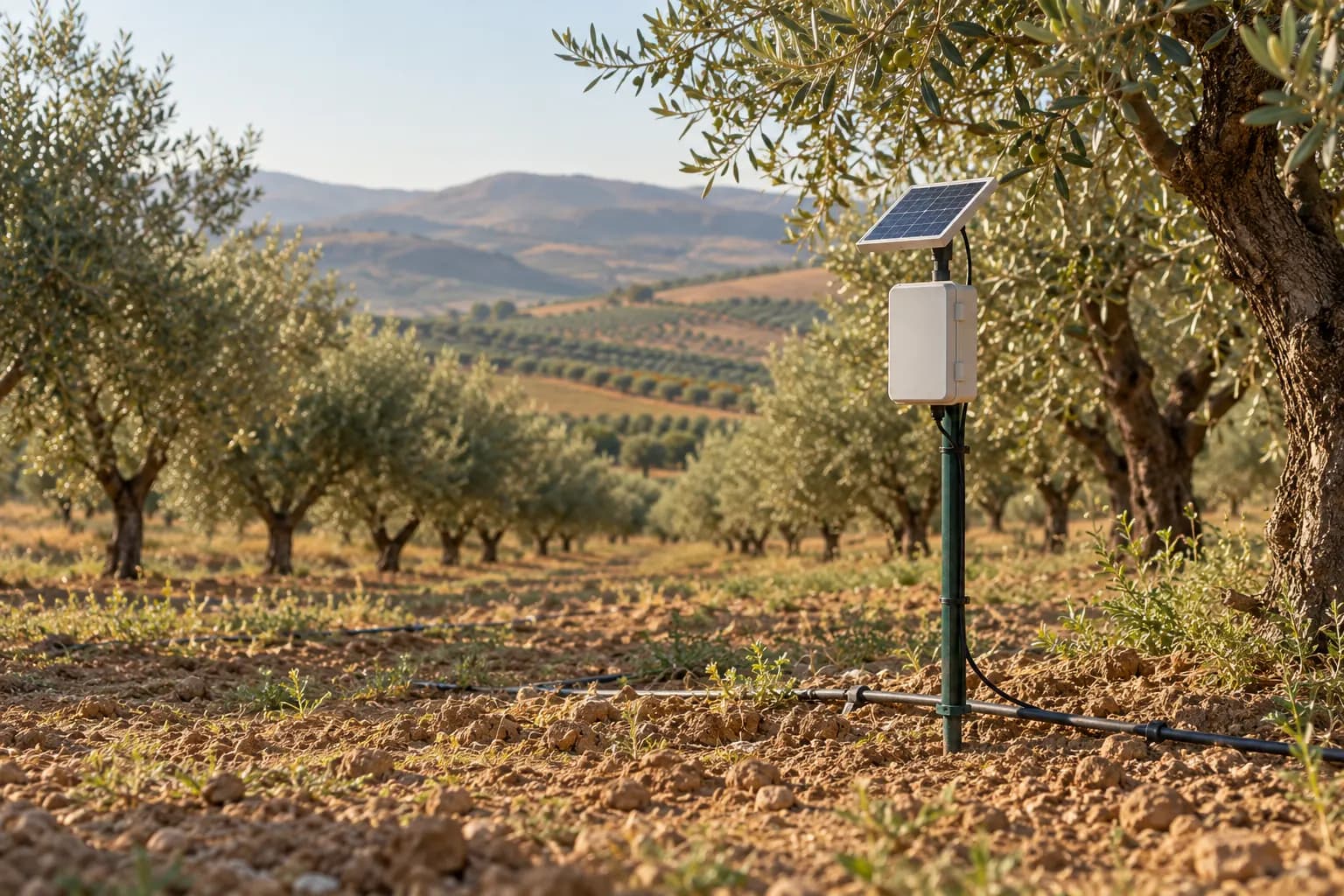 Un capteur solaire planté dans une oliveraie, relié au goutte-à-goutte, collines en arrière-plan.